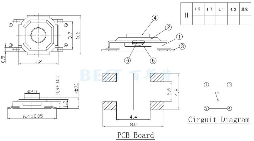 轻触开关TS-1187参考图纸 轻触开关TS-1187参考图纸