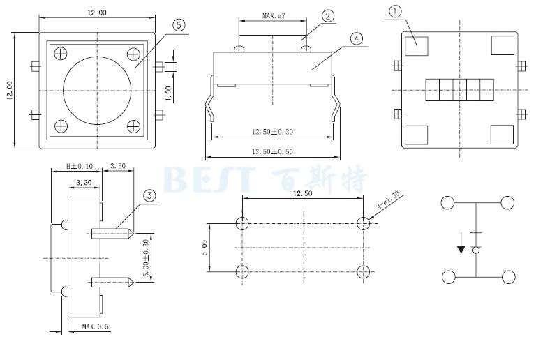 轻触开关TS-1103封装规格图纸 轻触开关TS-1103封装规格图纸