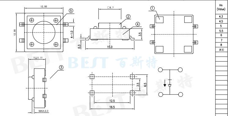 轻触开关TS-1103W参考图纸 轻触开关TS-1103W参考图纸