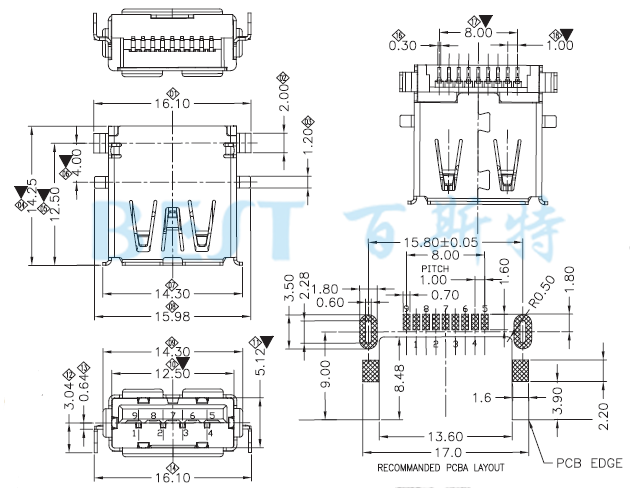 USB插座USB-A-09 3.0参考图纸 USB插座USB-A-09 3.0参考图纸