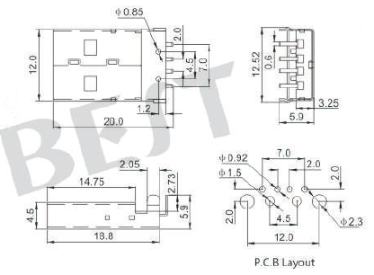 USB插座USB-A-01参考图纸 USB插座USB-A-01参考图纸