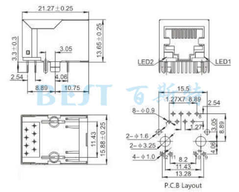 RJ45插座5921S-LED 8P8C参考图纸 RJ45插座5921S-LED 8P8C参考图纸