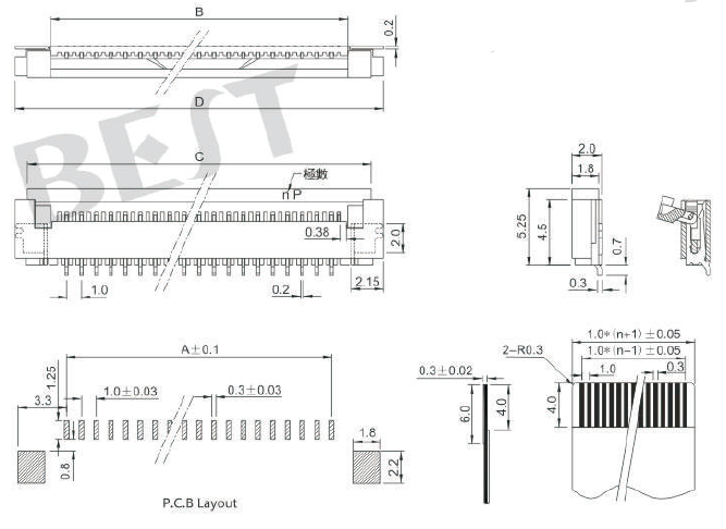 FPC连接器1.0K-DX-NPWB-T/R参考图纸 FPC连接器1.0K-DX-NPWB-T/R参考图纸