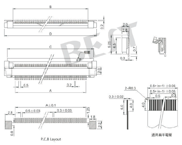 FPC连接器0.5K-DX-NPWB-T/R参考图纸 FPC连接器0.5K-DX-NPWB-T/R参考图纸
