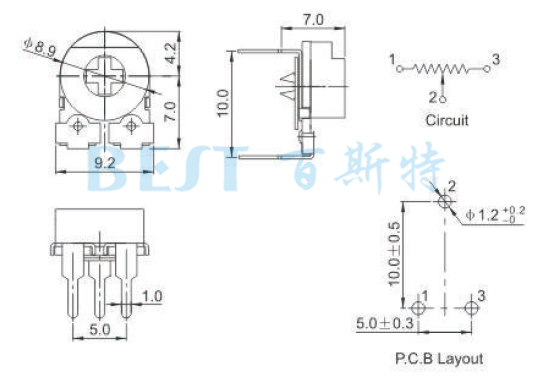 碳膜可调电阻RM085C-V1带帽参考图纸 碳膜可调电阻RM085C-V1带帽参考图纸