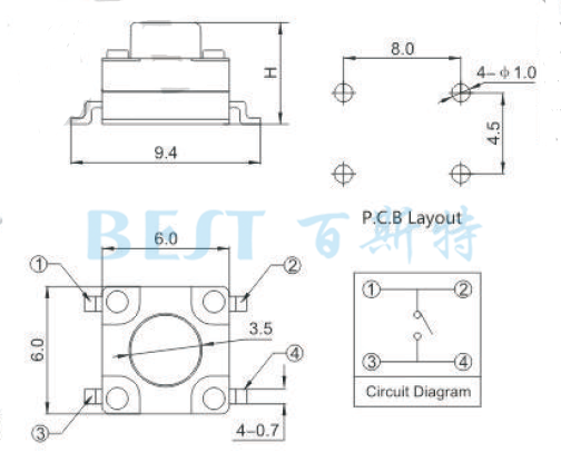 轻触开关TS-1109KW参考图纸