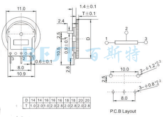 拨盘电位器WH140-1 SMD参考图纸 拨盘电位器WH140-1 SMD参考图纸