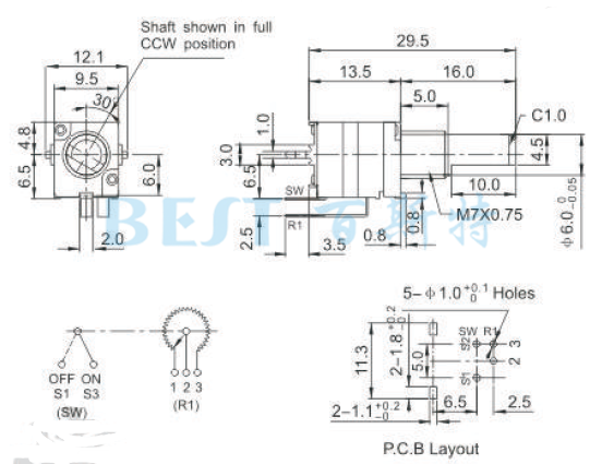 电位器RV9312NS参考图纸 电位器RV9312NS参考图纸