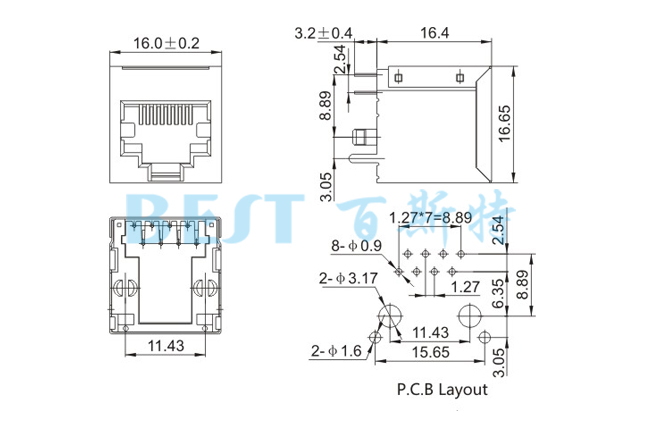 RJ45插座5224S 8P8C F3.05 1x1参考图纸 RJ45插座5224S 8P8C F3.05 1x1参考图纸