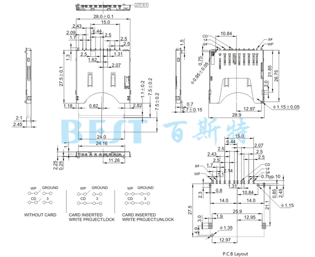 SD卡座SD-SQ-15A参考图纸 SD卡座SD-SQ-15A参考图纸