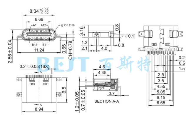 USB插座USB-C-08 16PIN沉板参考图纸 USB插座USB-C-08 16PIN沉板参考图纸
