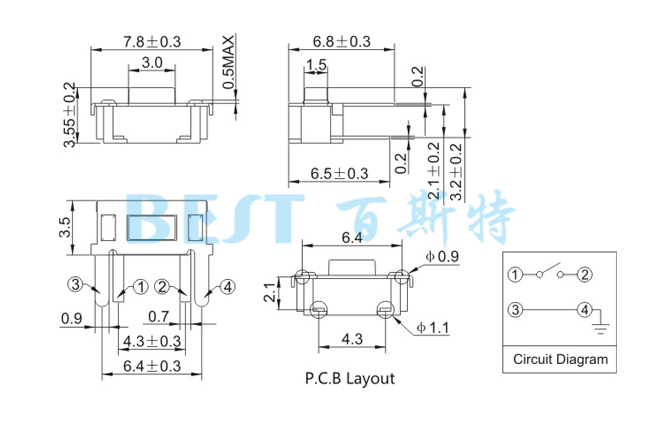 轻触开关TS-1188A参考图纸 轻触开关TS-1188A参考图纸
