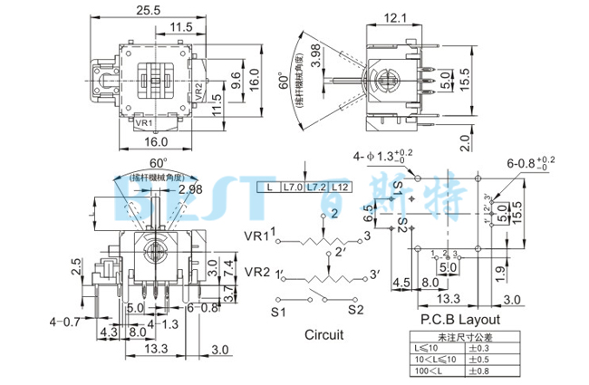 摇杆电位器RJ16-298-B103参考图纸 摇杆电位器RJ16-298-B103参考图纸
