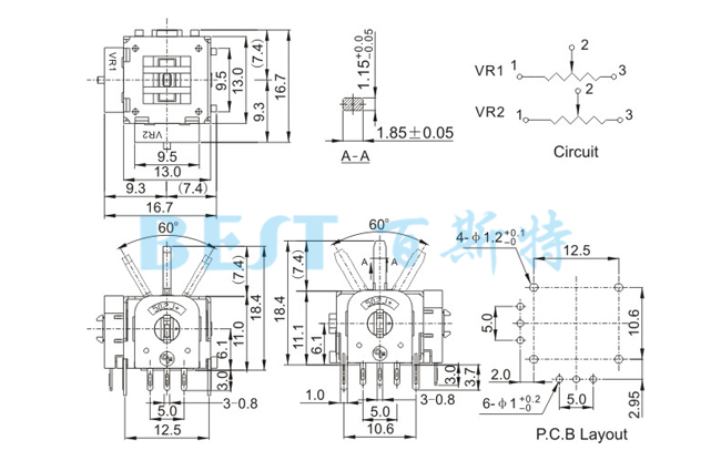 摇杆电位器RJ13-60-B103参考图纸 摇杆电位器RJ13-60-B103参考图纸