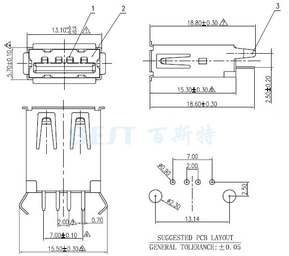 USB插座USB-A-08_参考图纸