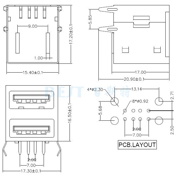 USB插座USB-A2-01_参考图纸