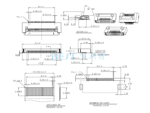 FPC连接器0.5K-DX-NPWB H=1.5参考图纸 FPC连接器0.5K-DX-NPWB H=1.5参考图纸